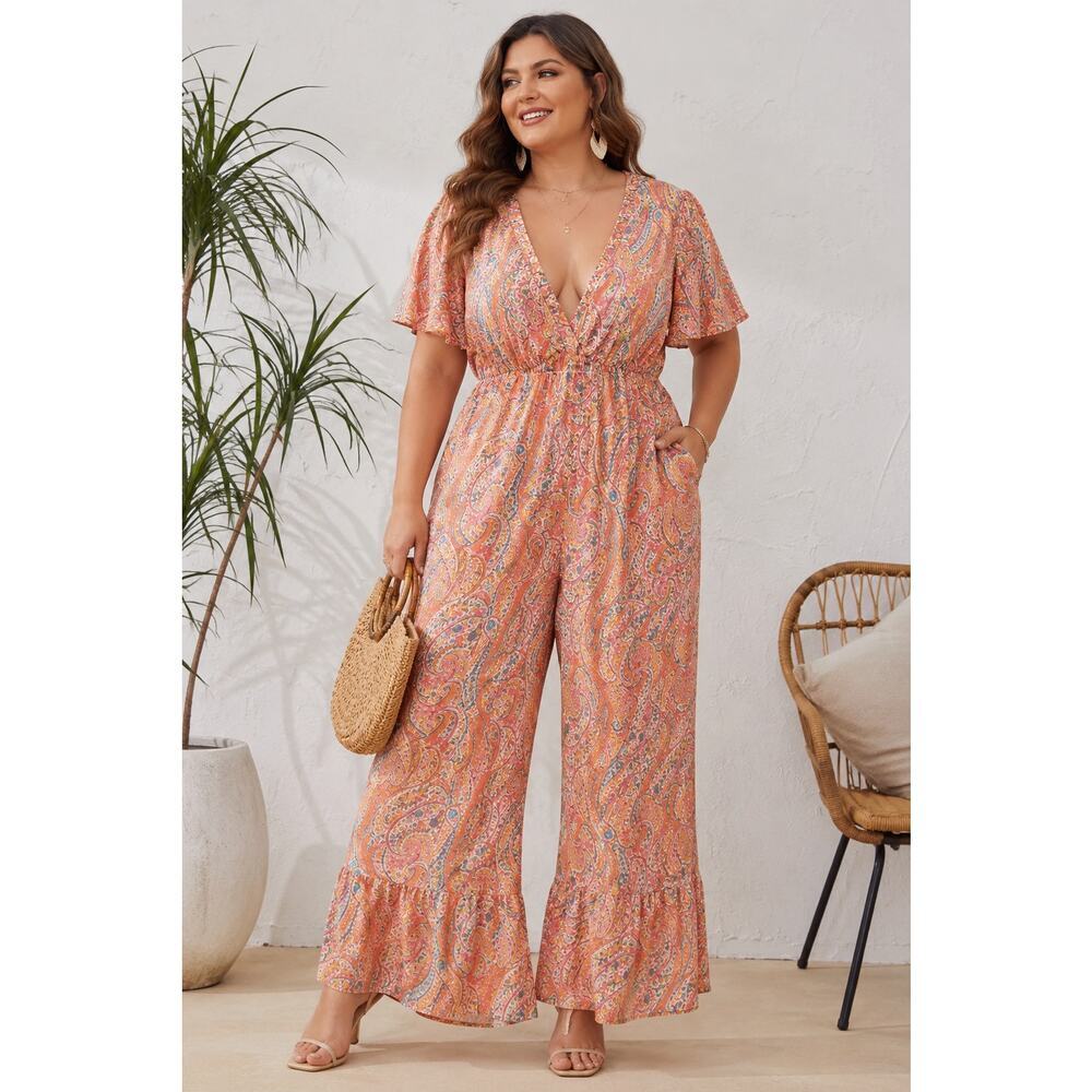 NWOT SHEIN Curve Paisley Boho Wide Leg Jumpsuit Maxi Plus Size Romper , 1XL